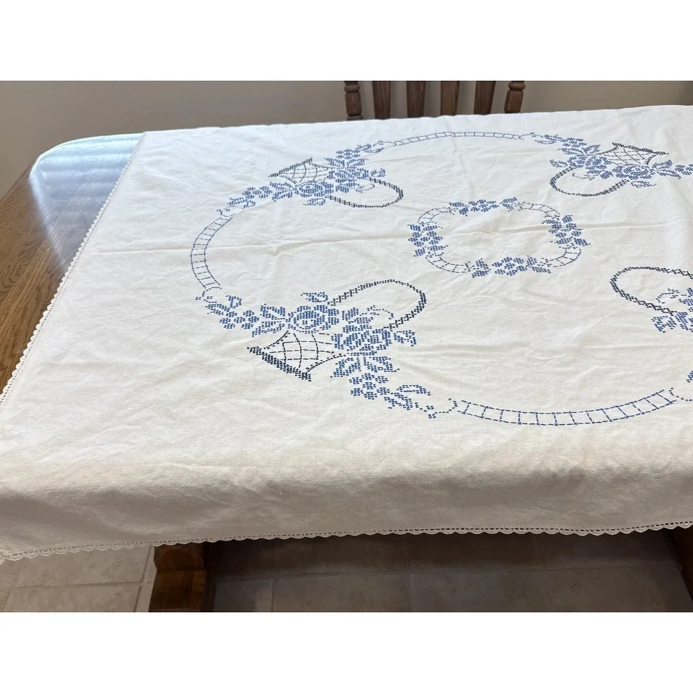 Vtg Cross Stitch Tablecloth Cotton Embroidery Blue White Basket Floral Stains
